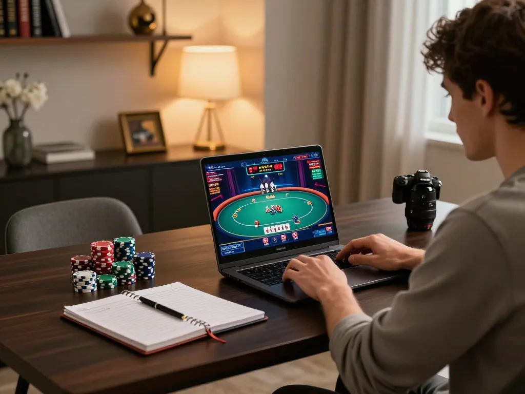 Player navigating the MM88 online casino poker interface on a sleek laptop, showcasing strategic gameplay and vibrant graphics.