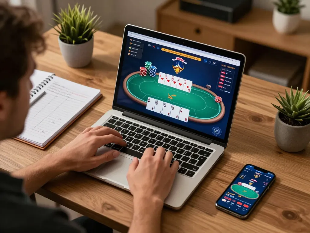 Engaged player strategizing in online poker game du 88 with chips and cards on screen.