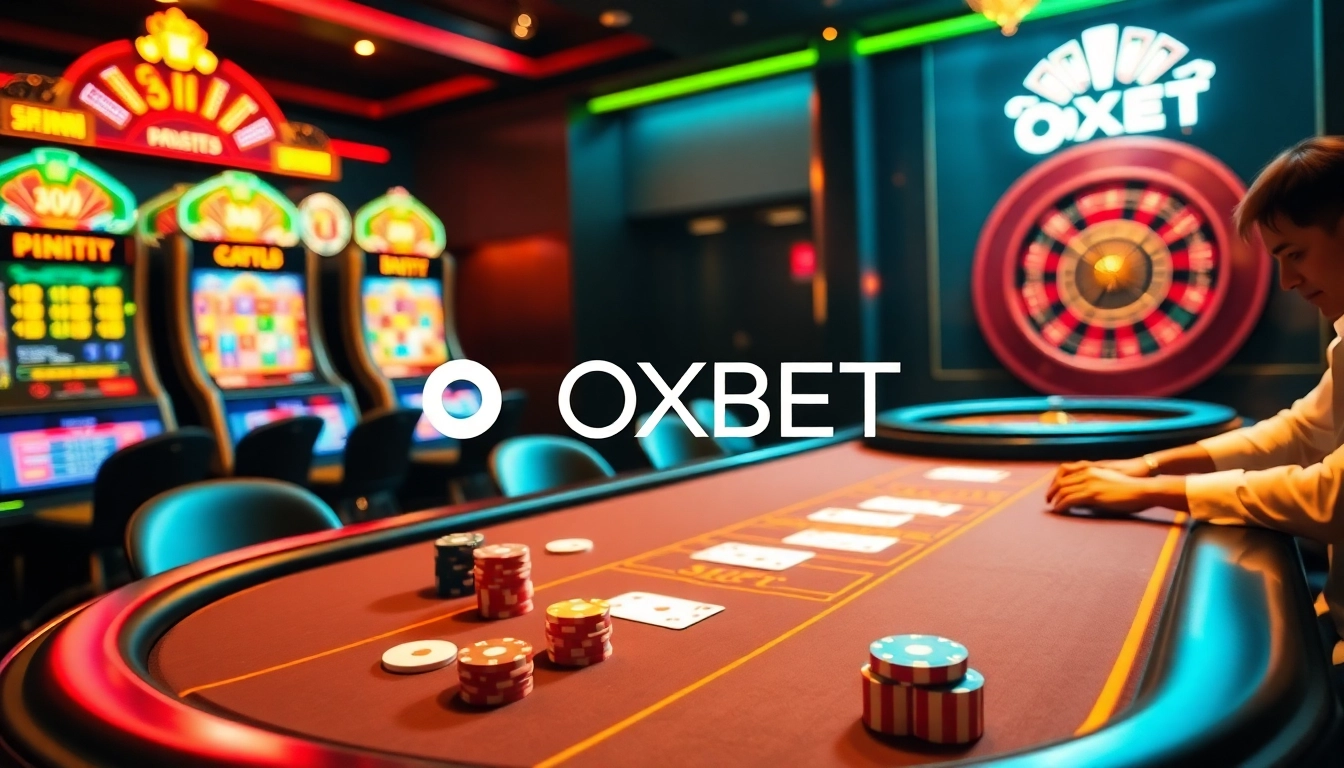 Exciting gambling scene at OXBET casino with players at a table and colorful slots.