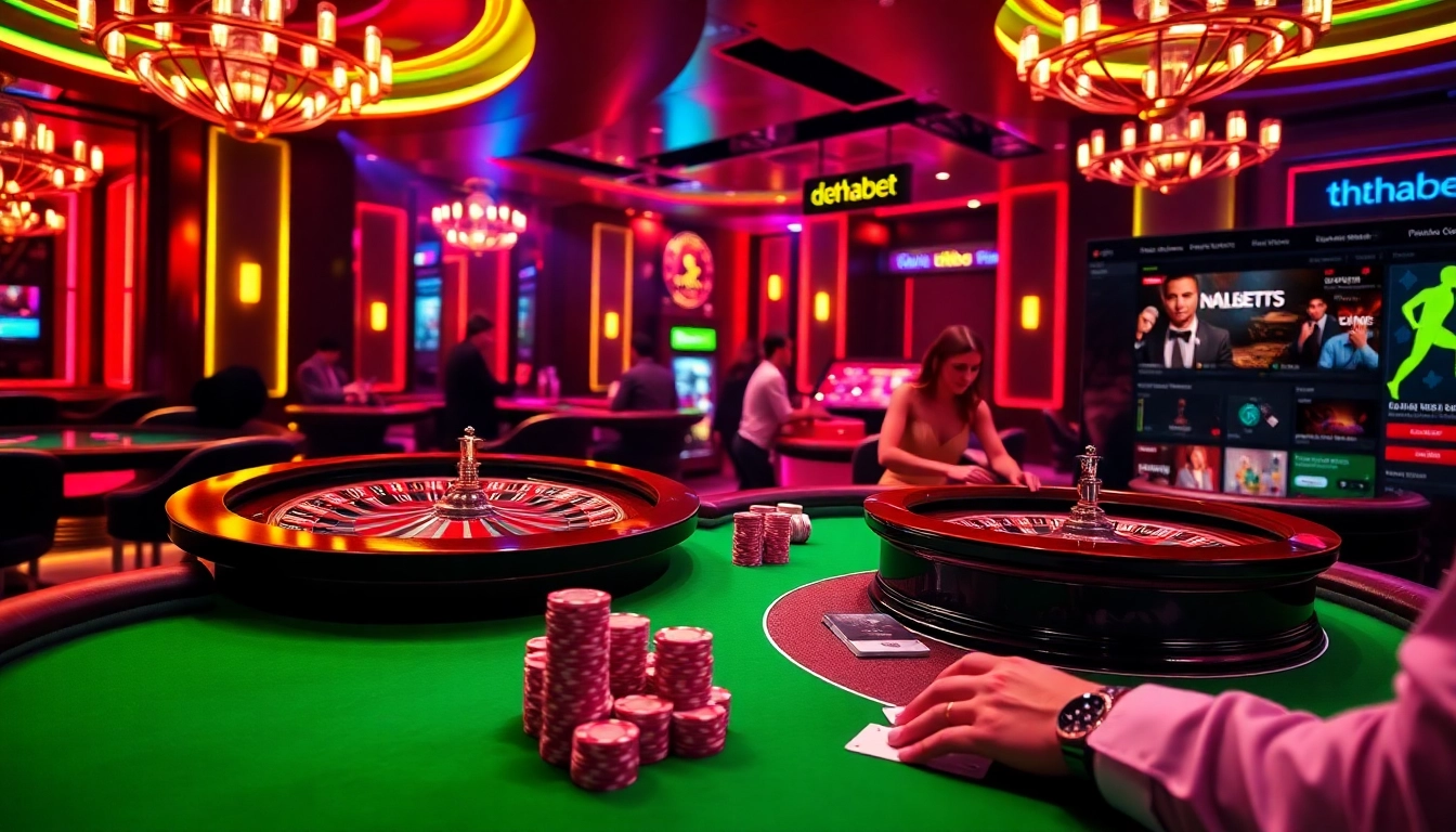 Experience thrilling gameplay at thabet web with a vibrant casino atmosphere showcasing poker and roulette.