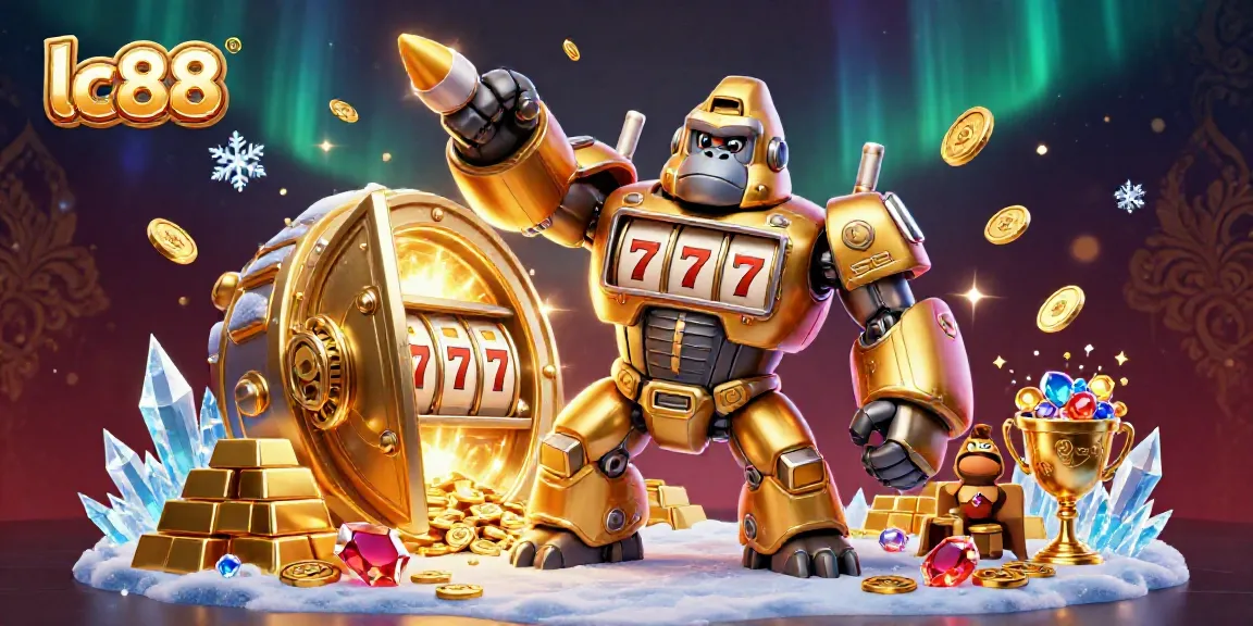 Engage in thrilling gameplay at lc88 with a spectacular golden gorilla mech surrounded by treasures.