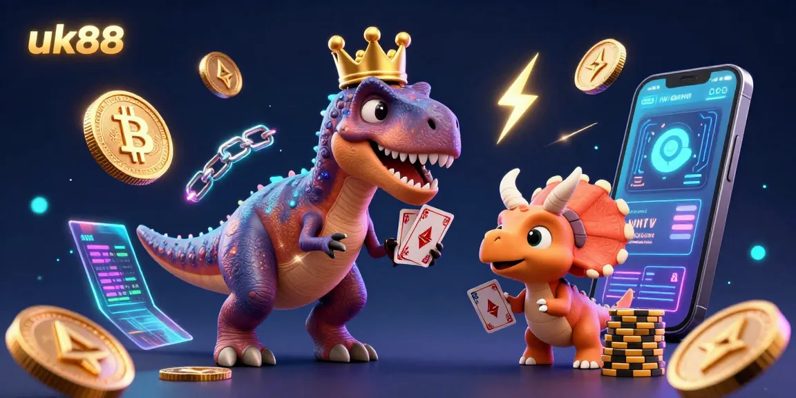 Engage with the uk88 gambling experience featuring a friendly T-Rex shuffling cards in a vibrant casino setting.