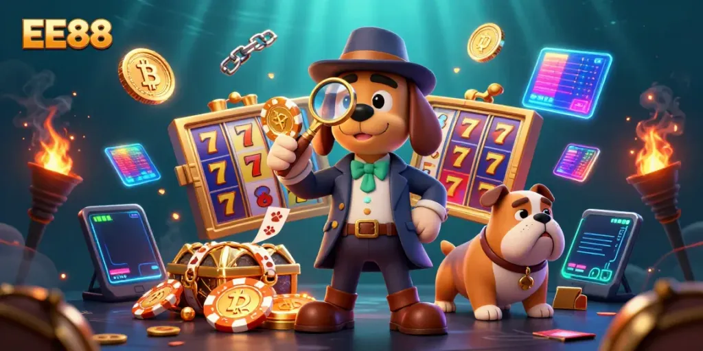 Engage with EE88's casino thrill through a vibrant scene featuring a detective and bulldog exploring clues in a dynamic gambling setting.