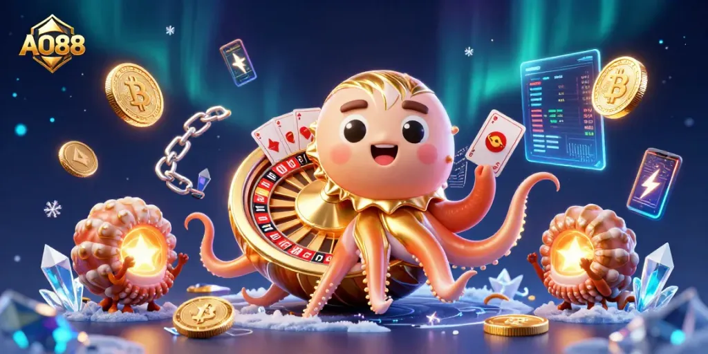 Engage with AO88: 3D nautilus casino scene highlighting crypto coins and gaming elements.