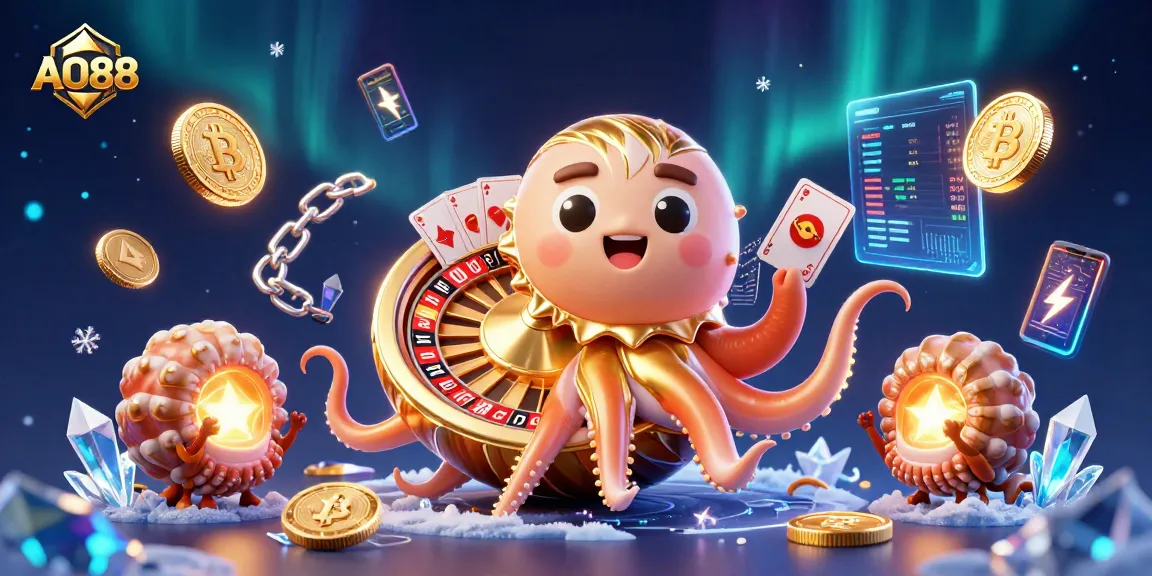 Engage with AO88: 3D nautilus casino scene highlighting crypto coins and gaming elements.