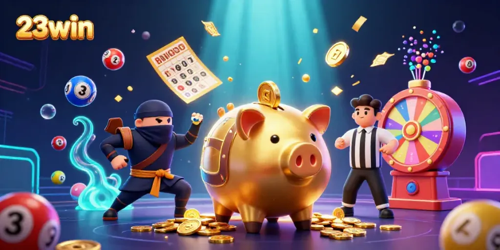 Engaging scene of the 23win brand featuring a golden piggy bank sumo wrestler surrounded by vibrant casino elements.