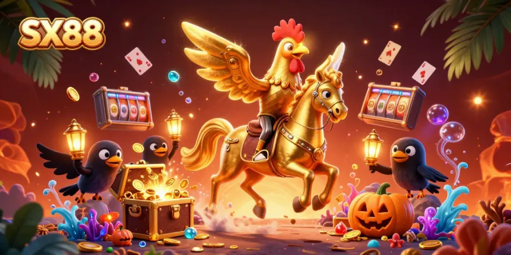 SX88 immersive casino scene showcasing a golden rooster riding a spectral horse amidst vibrant gaming elements, creating an enchanting atmosphere.