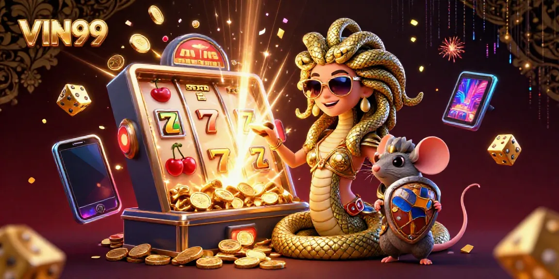 Experience the vibrant excitement of VIN99 with a captivating 3D illustration of Medusa and a warrior mouse amidst a jackpot explosion of coins.