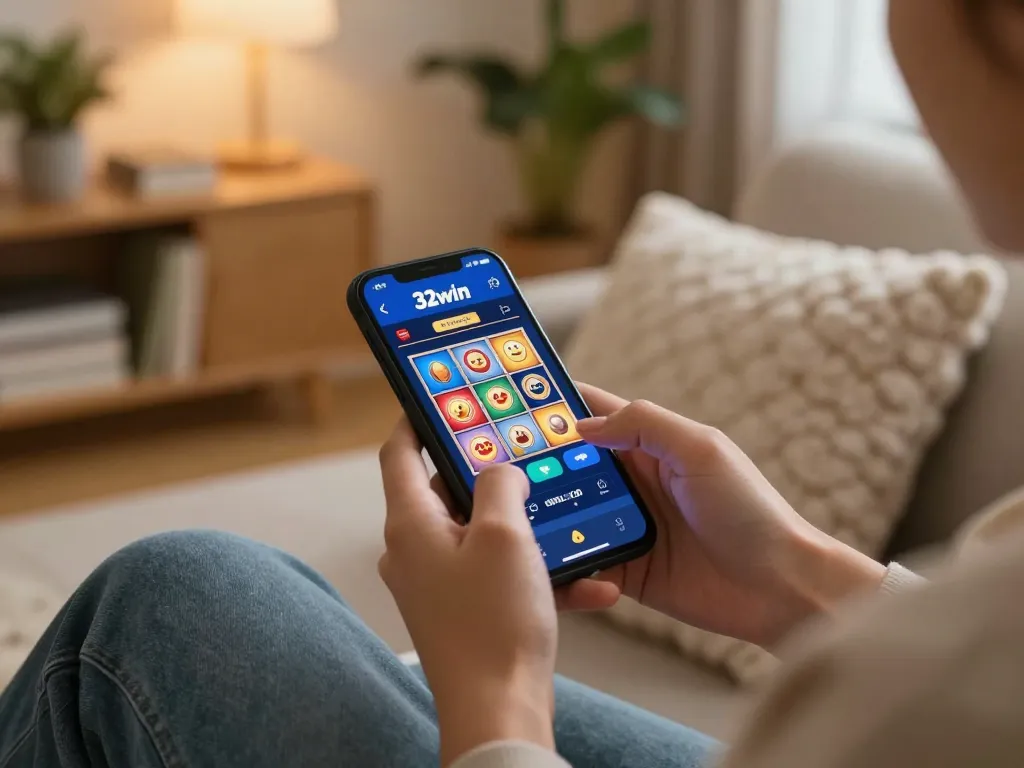 Engaged user plays 32win casino app on smartphone in cozy living room