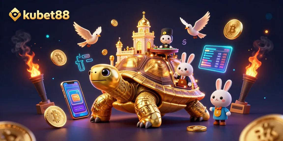 Maximize your win with kubet88's vibrant casino world featuring a golden tortoise and a rabbit dealer.