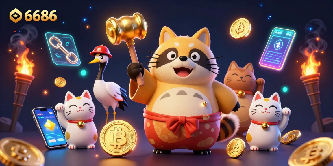 Place bets on 6686 to win big with vibrant 3D illustration featuring tanuki and crypto elements.