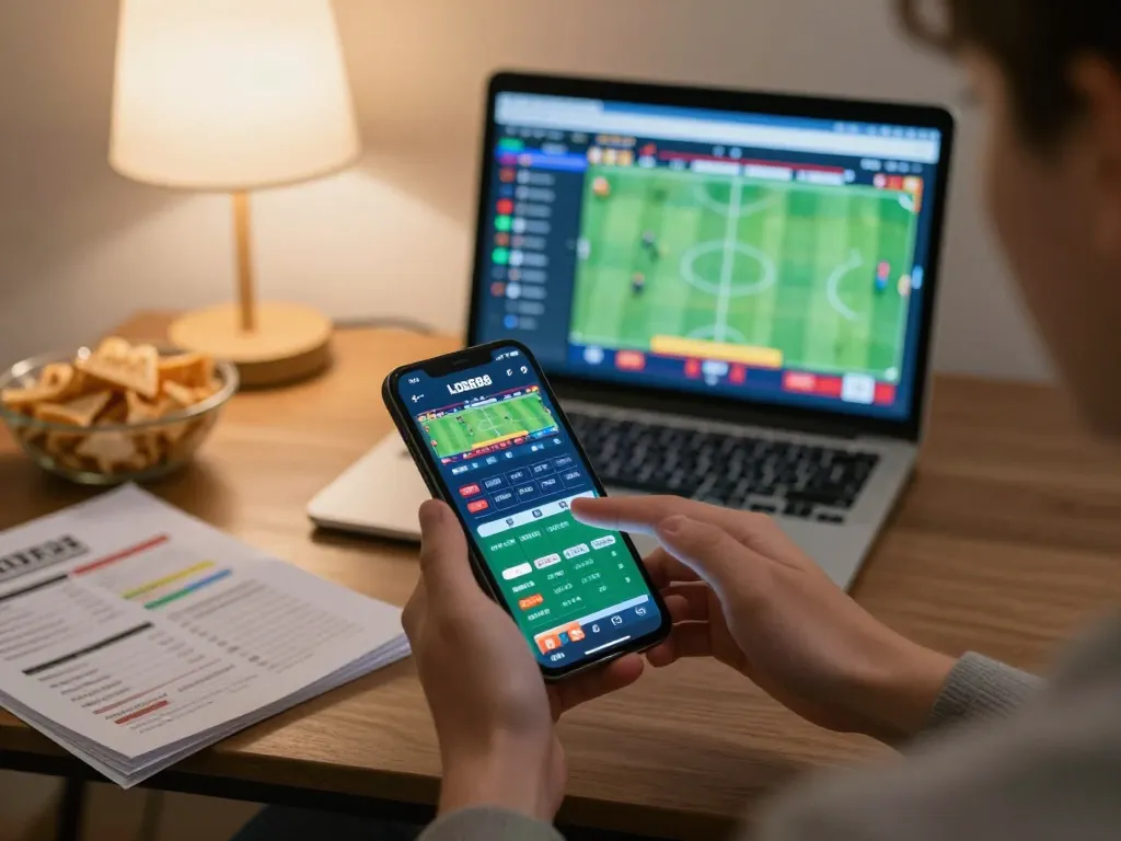 Person interacting with the LODE88 sports betting app on their smartphone, showcasing an engaging online gambling experience.