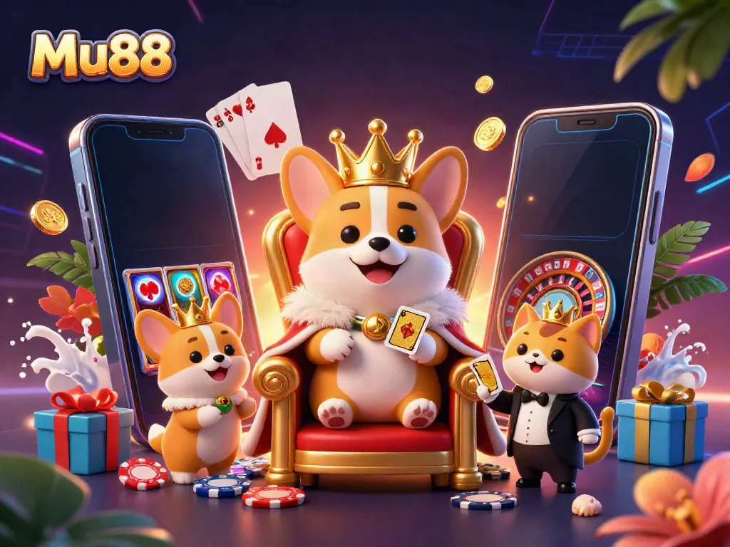 Win at Mu88 with the royal corgi on a throne of poker chips, vibrant casino scene.