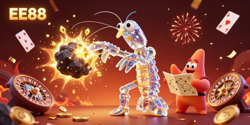 Experience the vibrant world of EE88 with a galactic samurai shrimp conquering asteroids, surrounded by winning casino elements.