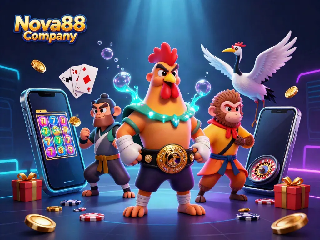 Experience exciting gameplay with Nova88 Company as a fierce rooster and martial artists surround colorful gaming elements