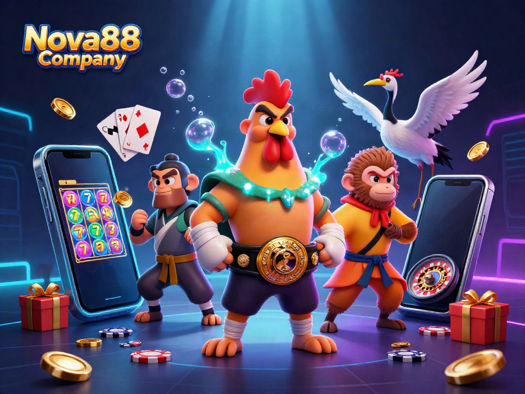Experience exciting gameplay with Nova88 Company as a fierce rooster and martial artists surround colorful gaming elements