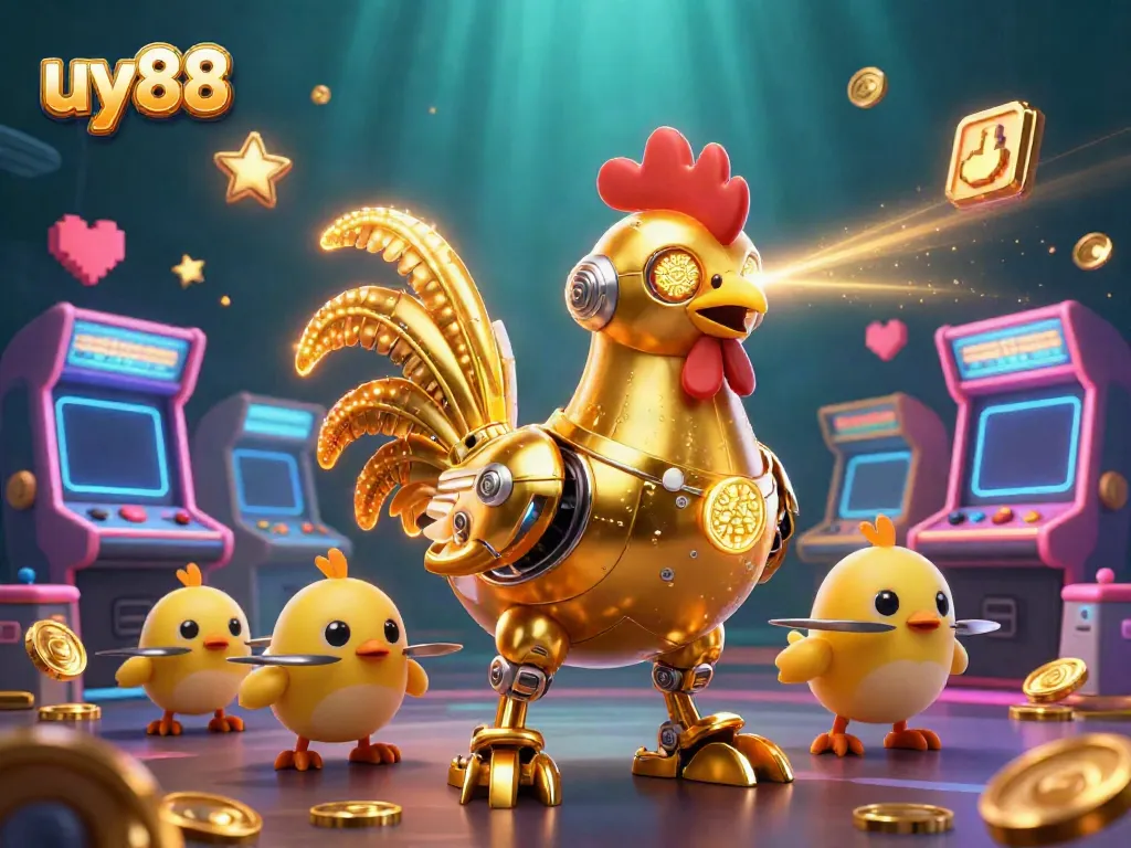 Engage in thrilling gaming action at uy88 with vibrant, colorful characters navigating a futuristic casino world.