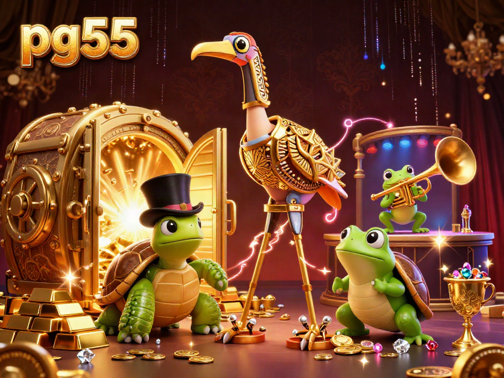 Experience the thrill of pg55 with vibrant characters in a dynamic casino scene filled with gems and treasures.