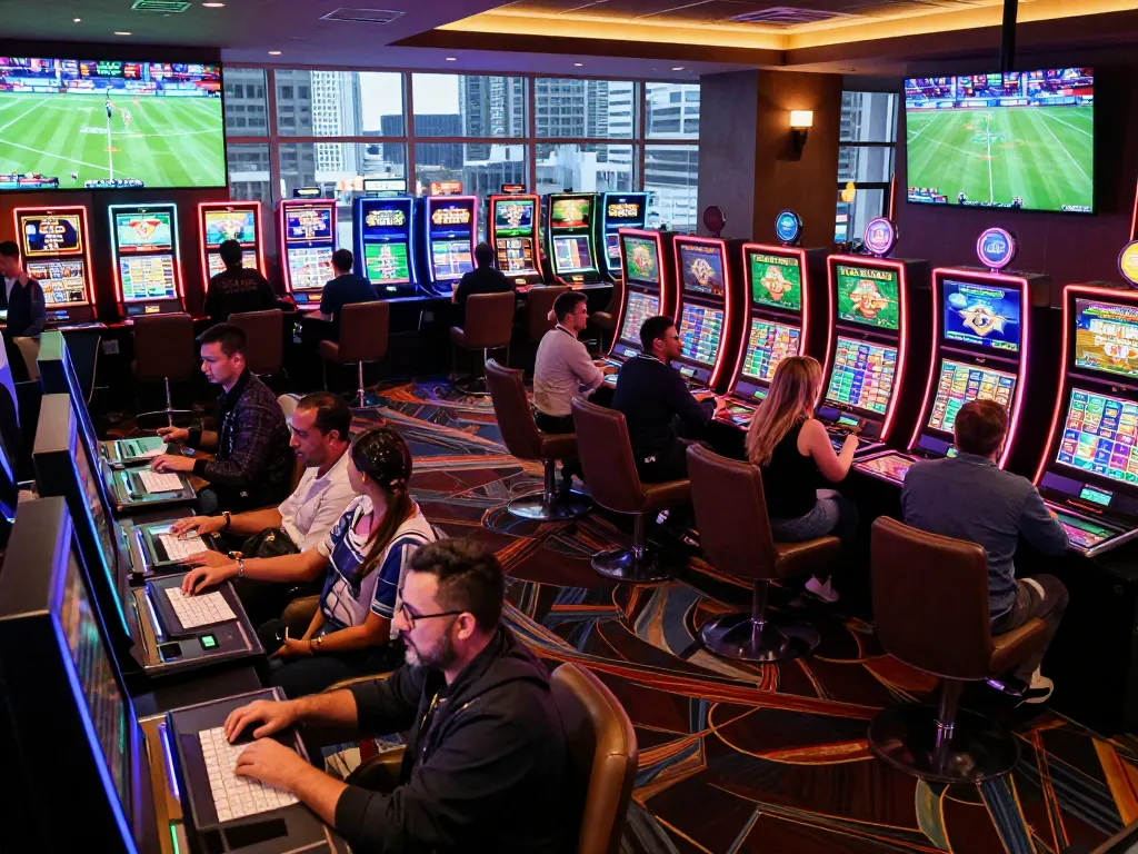 Sports fans engaging in kèo nhà cái betting strategies while watching live sports in a casino lounge.