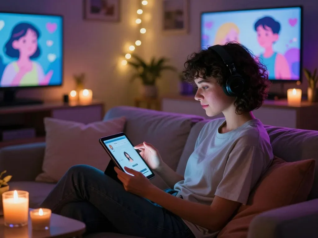 Engaging with ai nsfw chat in a cozy, intimate setting with ambient lighting.