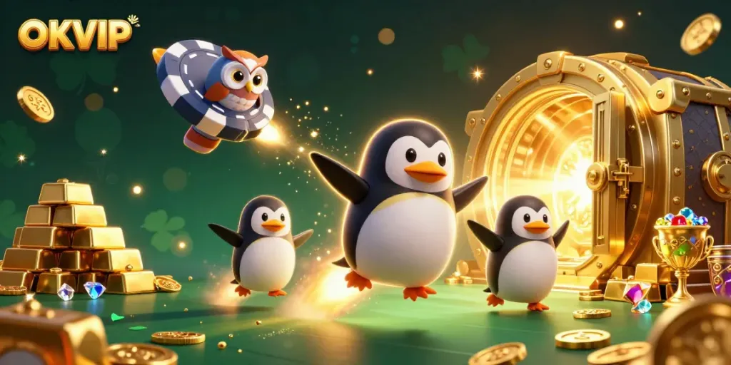 Experience the excitement of OKVIP with a vibrant scene of a golden penguin and casino elements in space.