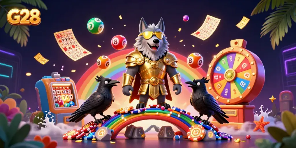 Engage with G28's vibrant casino-themed scene featuring Odin and ravens.
