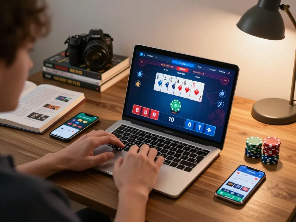 Engaged player at fly88 com using laptop for online poker game, showcasing strategic gameplay and cozy home environment.