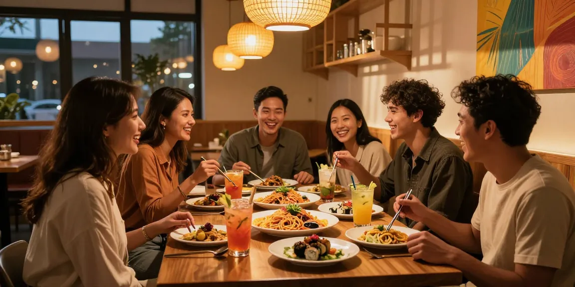 Friends dining at Red88 enjoying vibrant Asian fusion dishes in a cozy atmosphere.