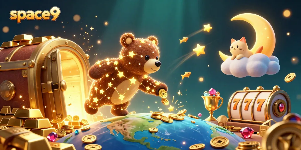 Engage in thrilling gameplay at Space9 Casino with slot reels and dazzling gems.