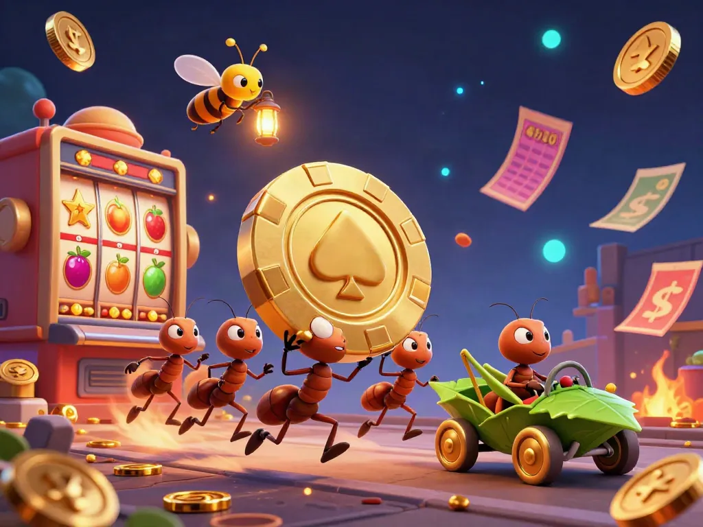 Ants carry a massive golden poker chip in a casino heist scene, featuring R666.