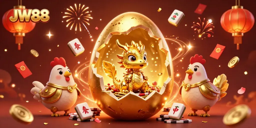 Experience thrilling gameplay at JW88 with a golden dragon guarding poker chips, adorned with festive elements.
