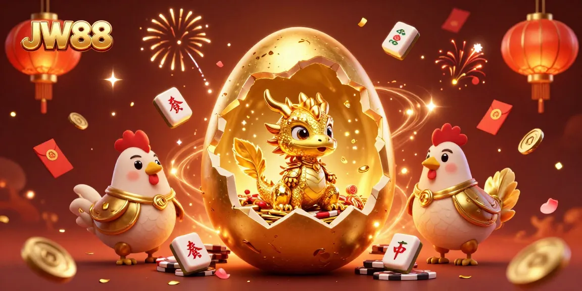 Experience thrilling gameplay at JW88 with a golden dragon guarding poker chips, adorned with festive elements.