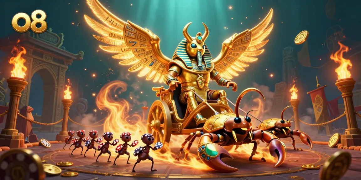 Engage in thrilling gameplay at o8 with a golden scarab and scorpion chariot surrounded by dazzling casino elements.