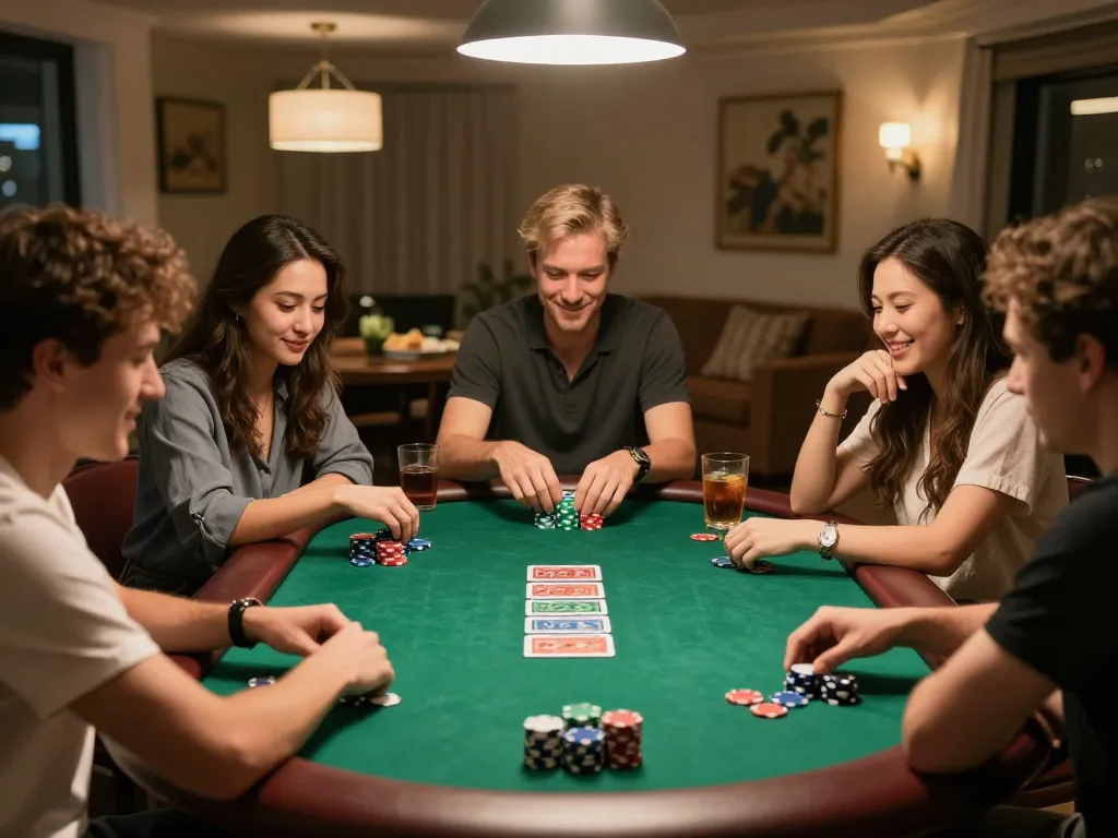 Friends playing poker at home, enjoying a competitive game night with 79 chips and laughter.