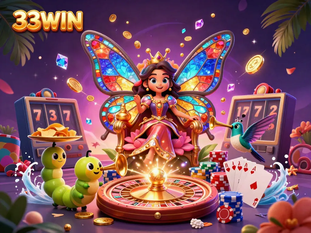Experience the vibrant 33WIN universe with a butterfly queen in a luxurious casino setting, surrounded by winning symbols.