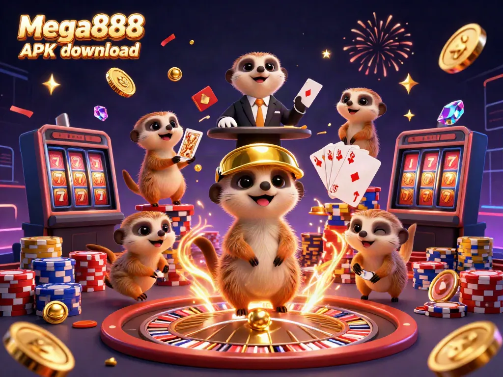 Engage with the Mega888 APK download in a vibrant cartoon casino scene full of excitement.