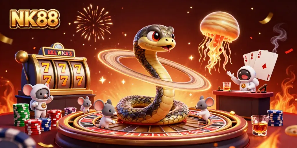 Engage with NK88's vibrant casino scene featuring astronauts betting on space-themed games.