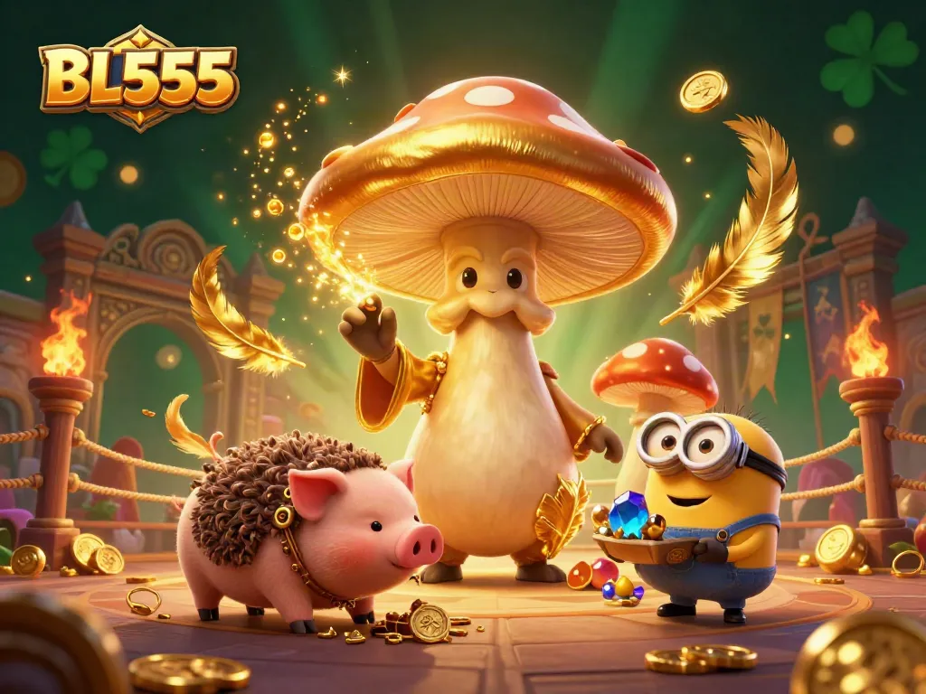 Engage in the magic of BL555 with the golden wizard and treasures in immersive 3D casino art.