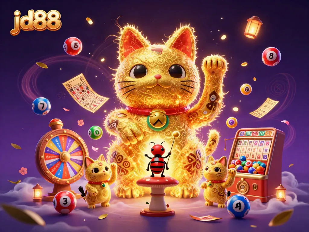 Engage with jd88's dynamic casino illustration featuring a captivating golden lucky cat amidst vibrant gambling elements.