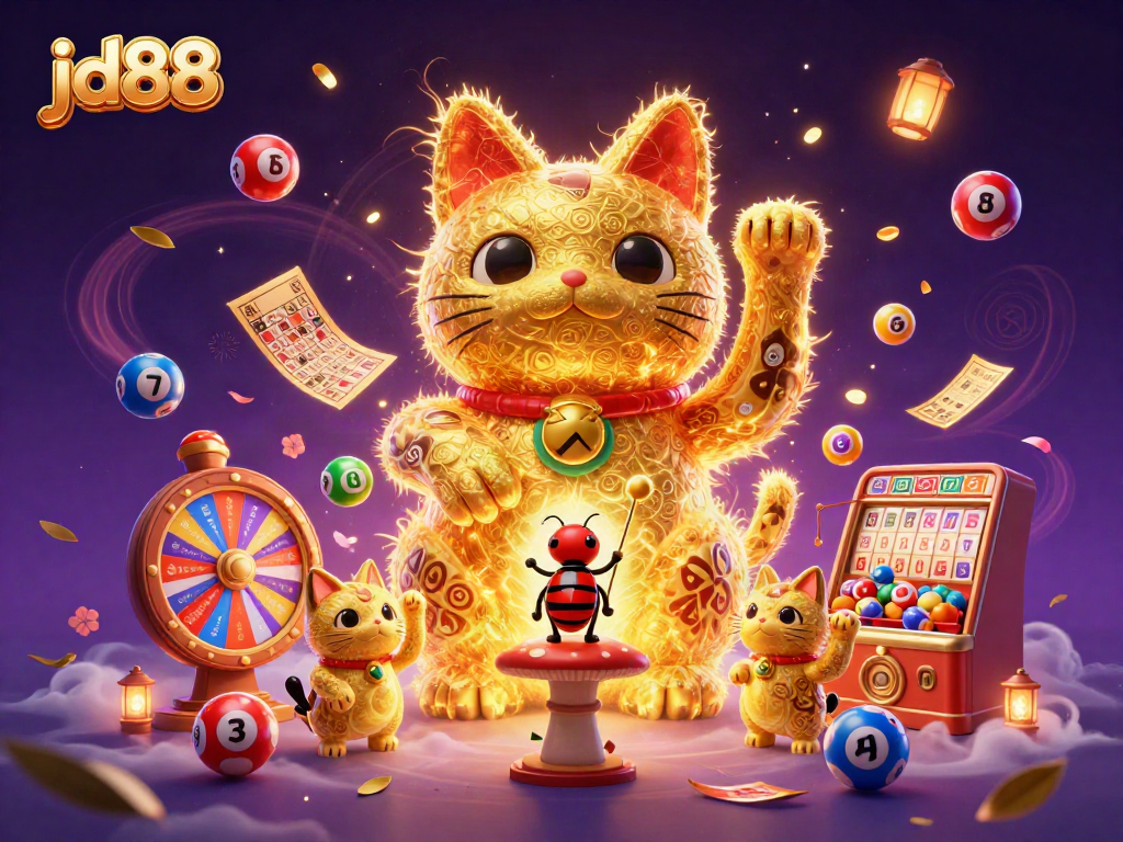 Engage with jd88's dynamic casino illustration featuring a captivating golden lucky cat amidst vibrant gambling elements.