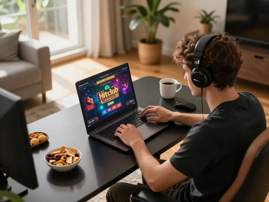 Engaged player enjoying Hitclub's online gaming interface on a laptop in a cozy home setup.