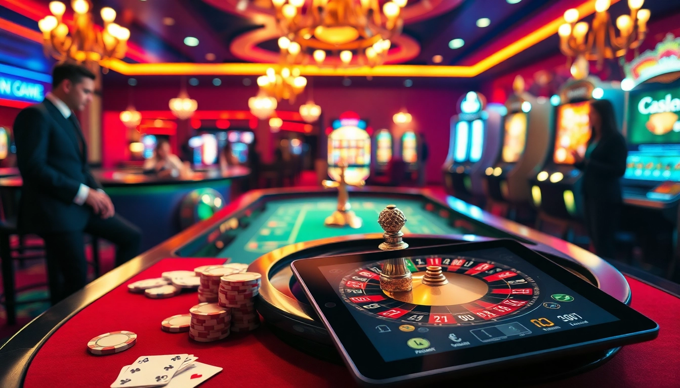 Players engaging with a vibrant casino atmosphere at new88, showcasing roulette, poker chips, and online gaming.