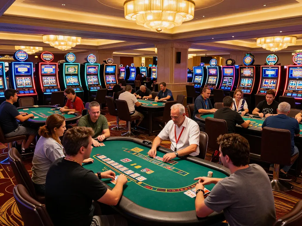 uu88games players enjoying vibrant slot machines and strategic games at an upscale casino