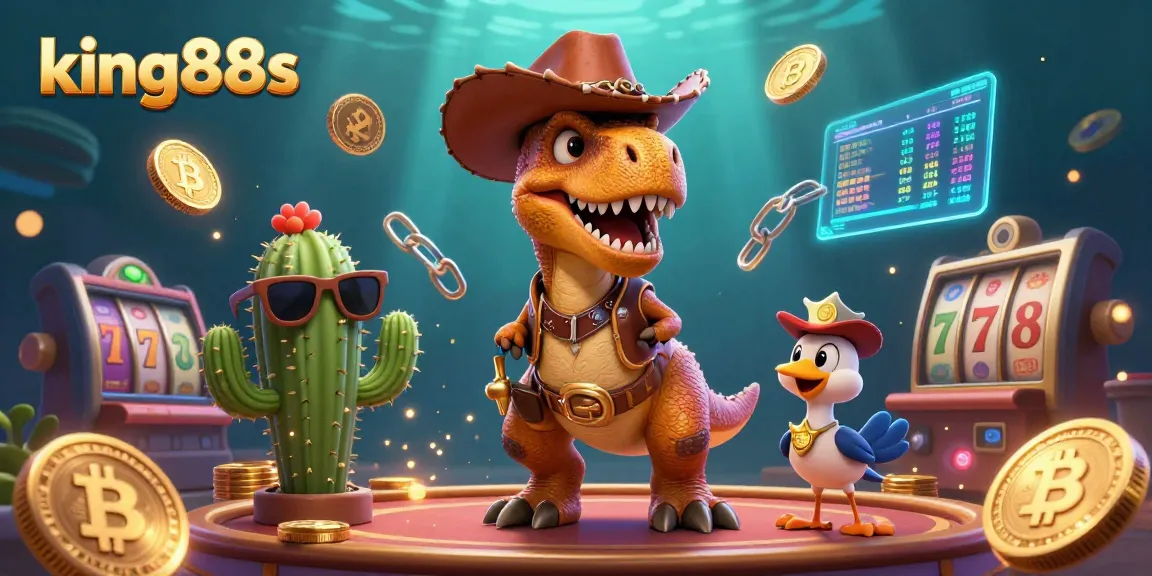 Engage with king88s while exploring the vibrant 3D casino scene featuring a cowboy T-Rex and colorful gaming elements.