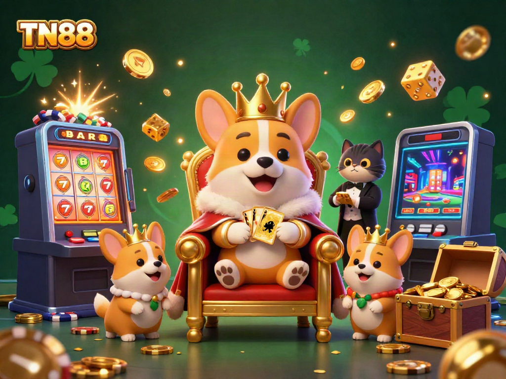 Experience the excitement of TN88 with a royal corgi throne scene bursting with casino elements and gold!