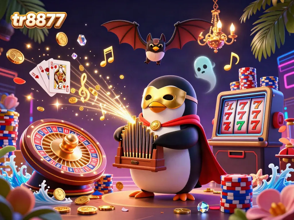 Spin the reels at tr8877 with a vibrant casino illustration featuring a penguin playing an organ of gold.