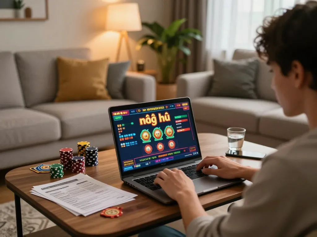 Engaged player enjoying nổ hũ online game at home with strategy notes and laptop.