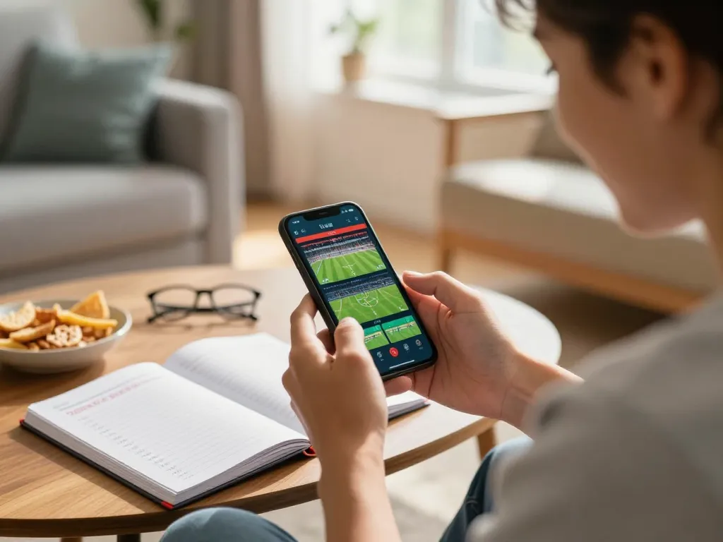 Person placing tin soi kèo bets on smartphone, showcasing vibrant online sports betting setup.