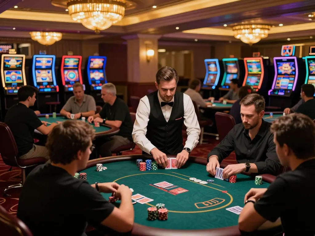 Win138 poker enthusiasts engaging at a thrilling casino table under warm chandeliers.