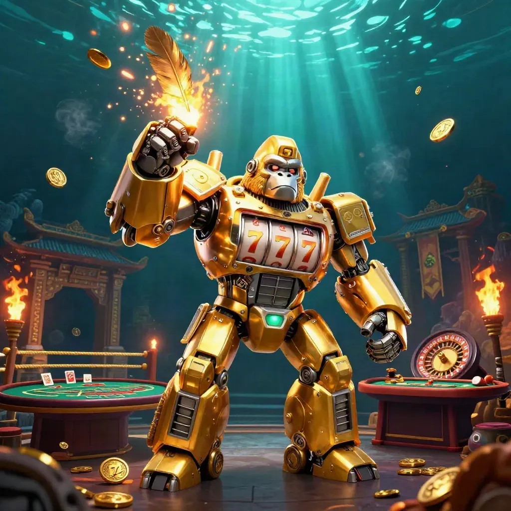 Golden gorilla mech battles in a temple ring amid coins, reels, and emerald light.